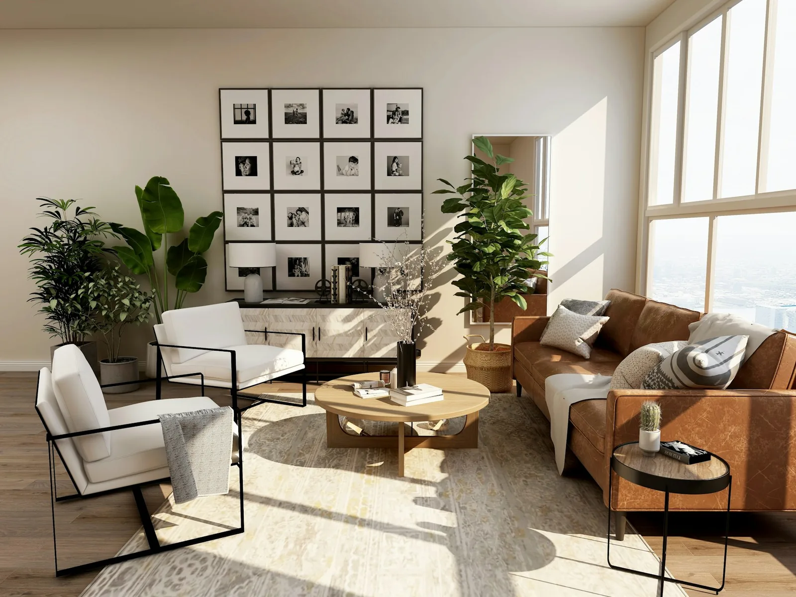 A bright, contemporary living room with floor-to-ceiling windows overlooking a city